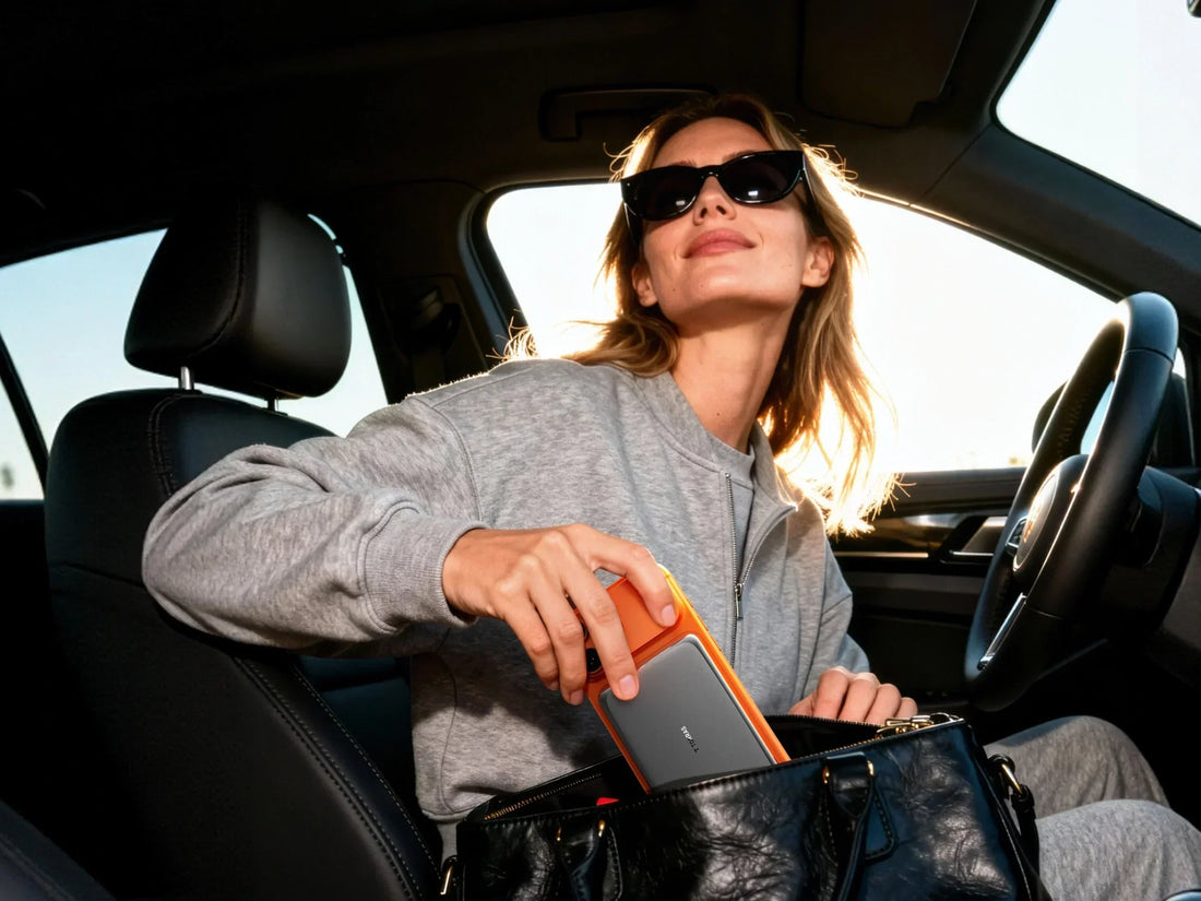 Woman placing a phone with a TORRAS magnetic power bank into her handbag inside a car
