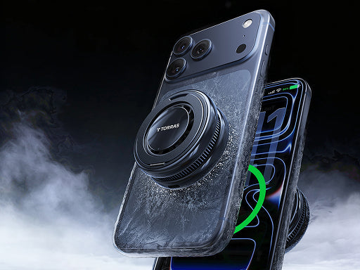 TORRAS magnetic phone case with circular charging ring, frosted texture, and wireless charging display