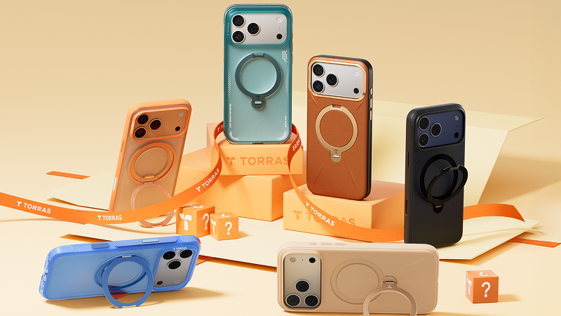 Six smartphones in colorful cases with circular stands arranged on display blocks