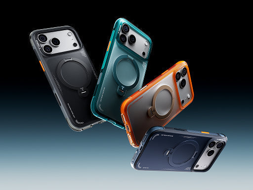 Four colorful magnetic phone cases with built-in ring stands floating against a dark gradient background