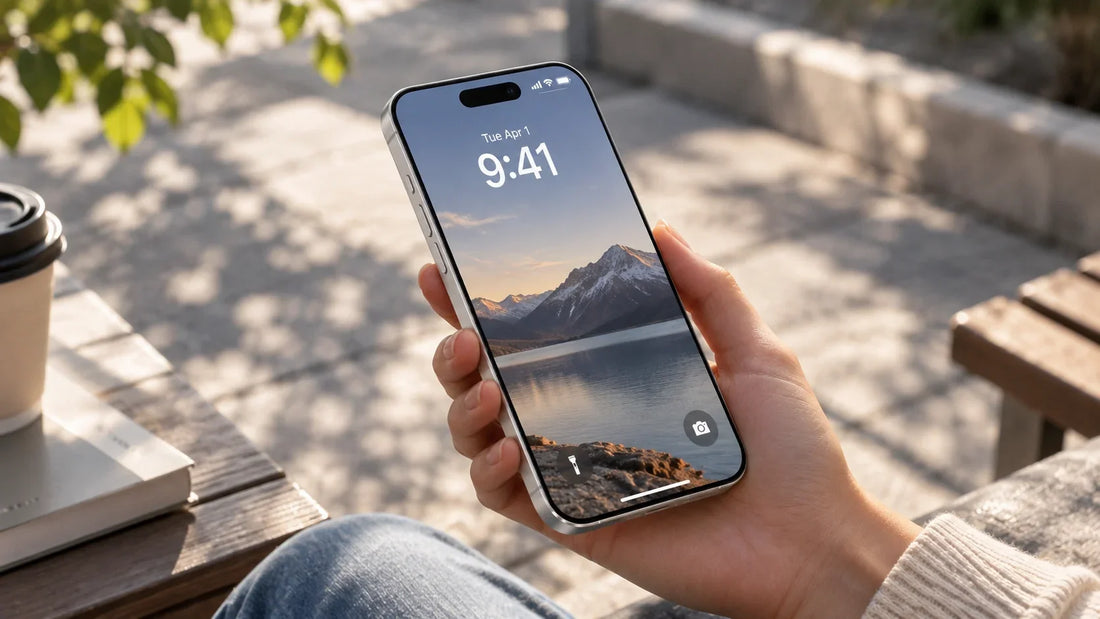 A phone screen showing the time against a city skyline in the background