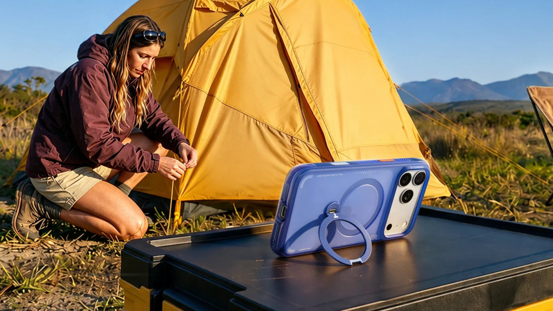 iPhone in a blue case propped on a camping table beside a yellow tent