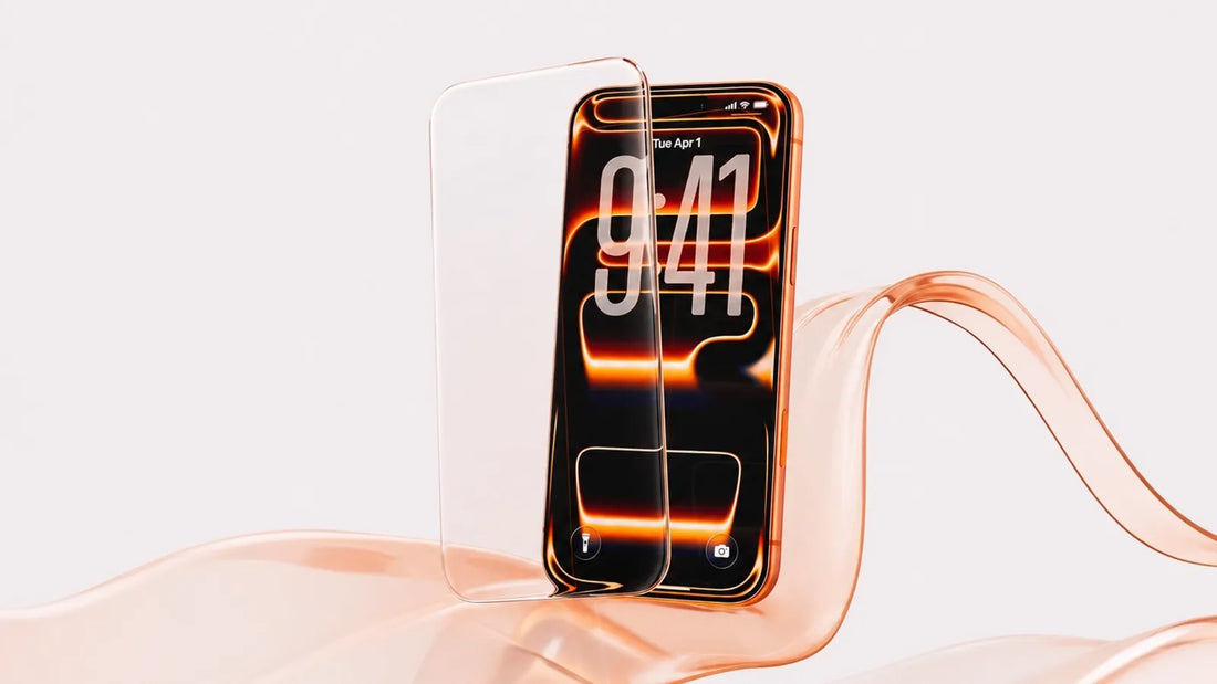 Tempered glass screen protector floating above an iPhone display