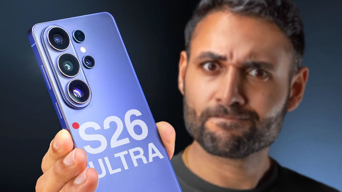 Samsung S26 Ultra phone held close to camera with large product text overlay