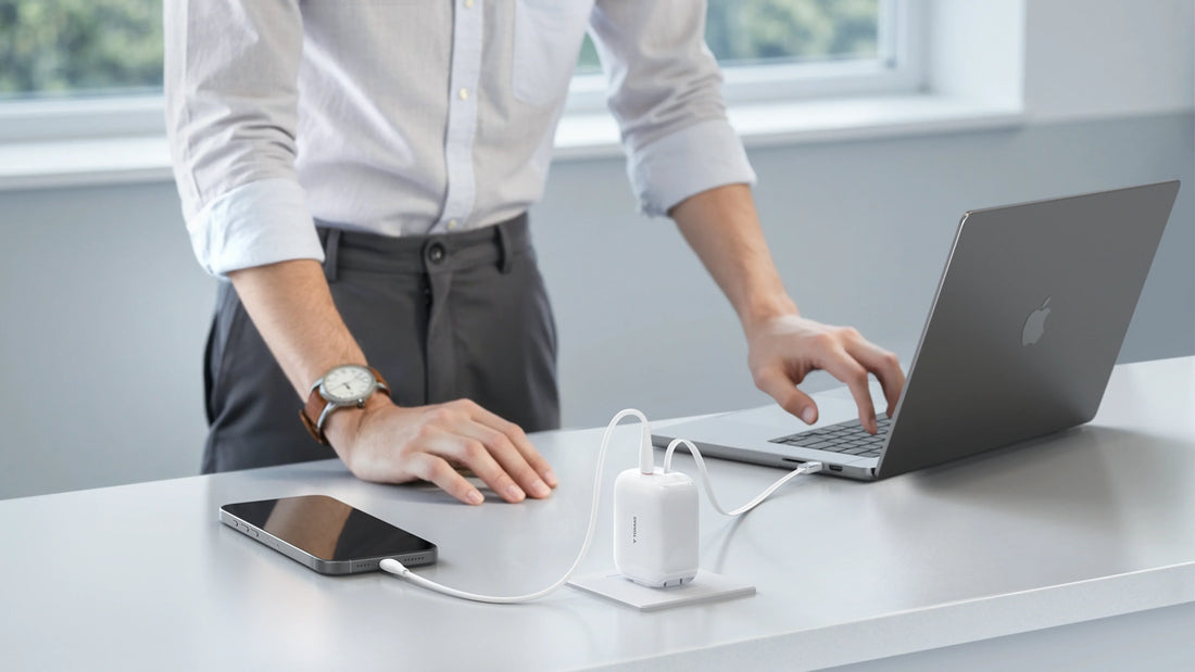 Minimal cable phone stand charging setup on a clean white desk with laptop and smartphone