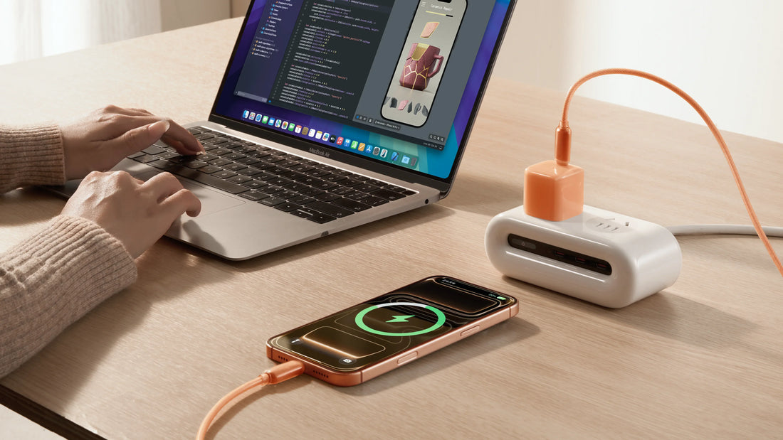 A USB-C charger plugged into a power strip next to a MacBook Air and an iPhone showing a charging indicator on a wooden desk.