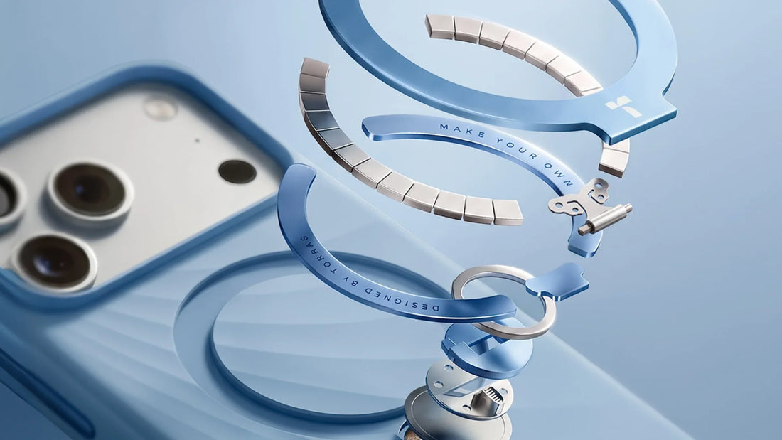 Blue iPhone cases arranged with magnetic accessories on a studio background