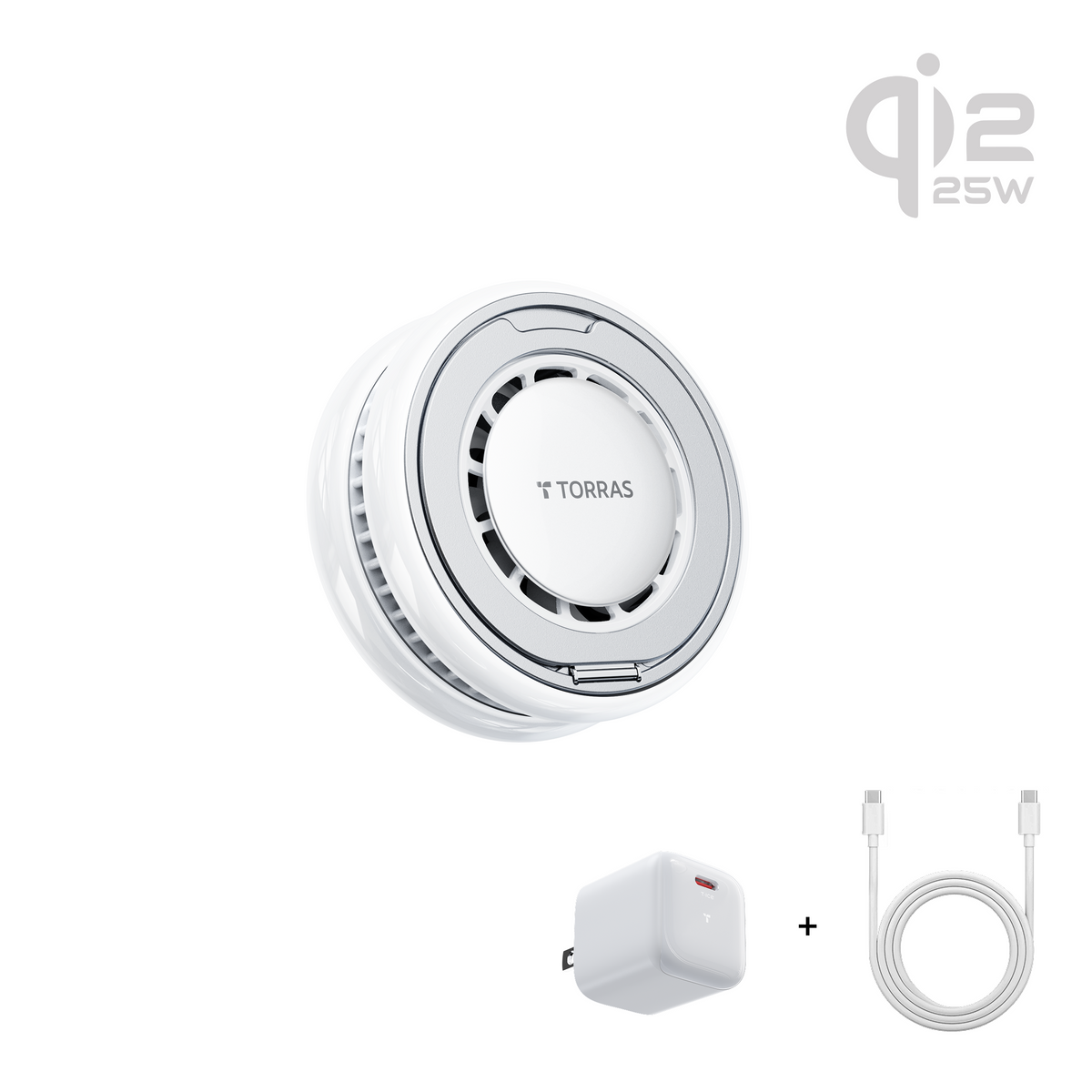 White PolarCircle Qi2 charger with adapter and cable