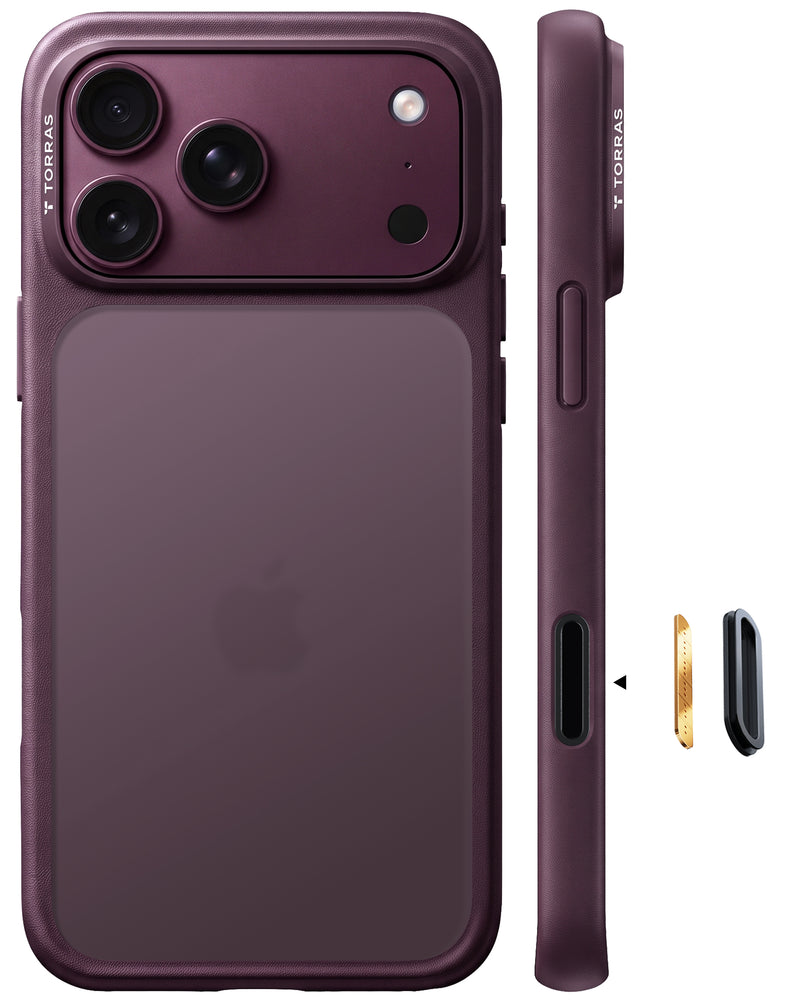 TORRAS case in plum with swappable metal side buttons