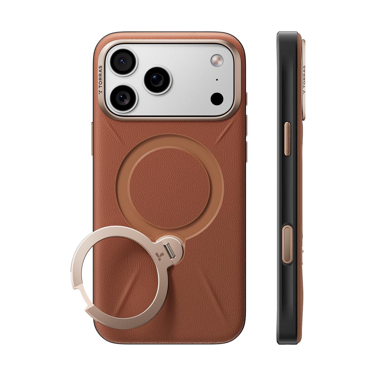 TORRAS Ostand Q3 VegSkin case for iPhone 18 Pro/Pro Max in caramel brown with a gold ring stand