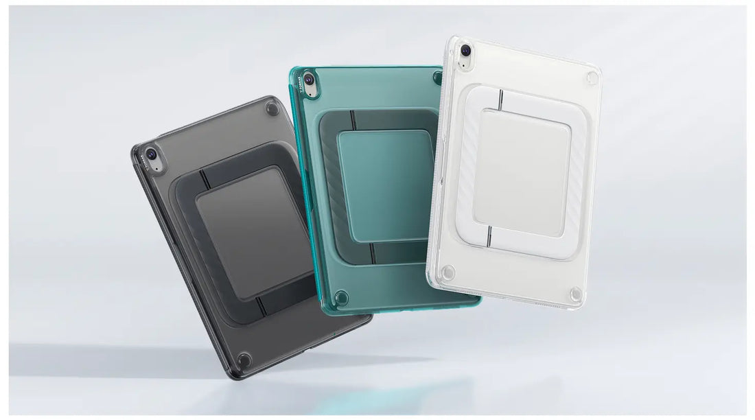 TORRAS iPad cases in grey, teal and white with back stands
