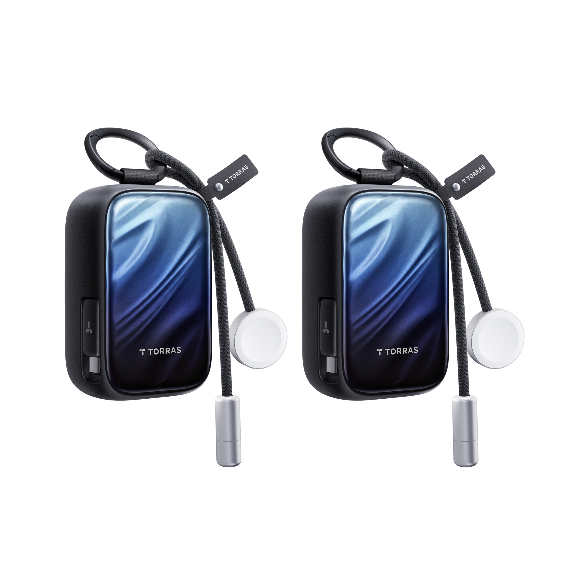 Navy PearlGo 10K power bank with attached cable and lanyard