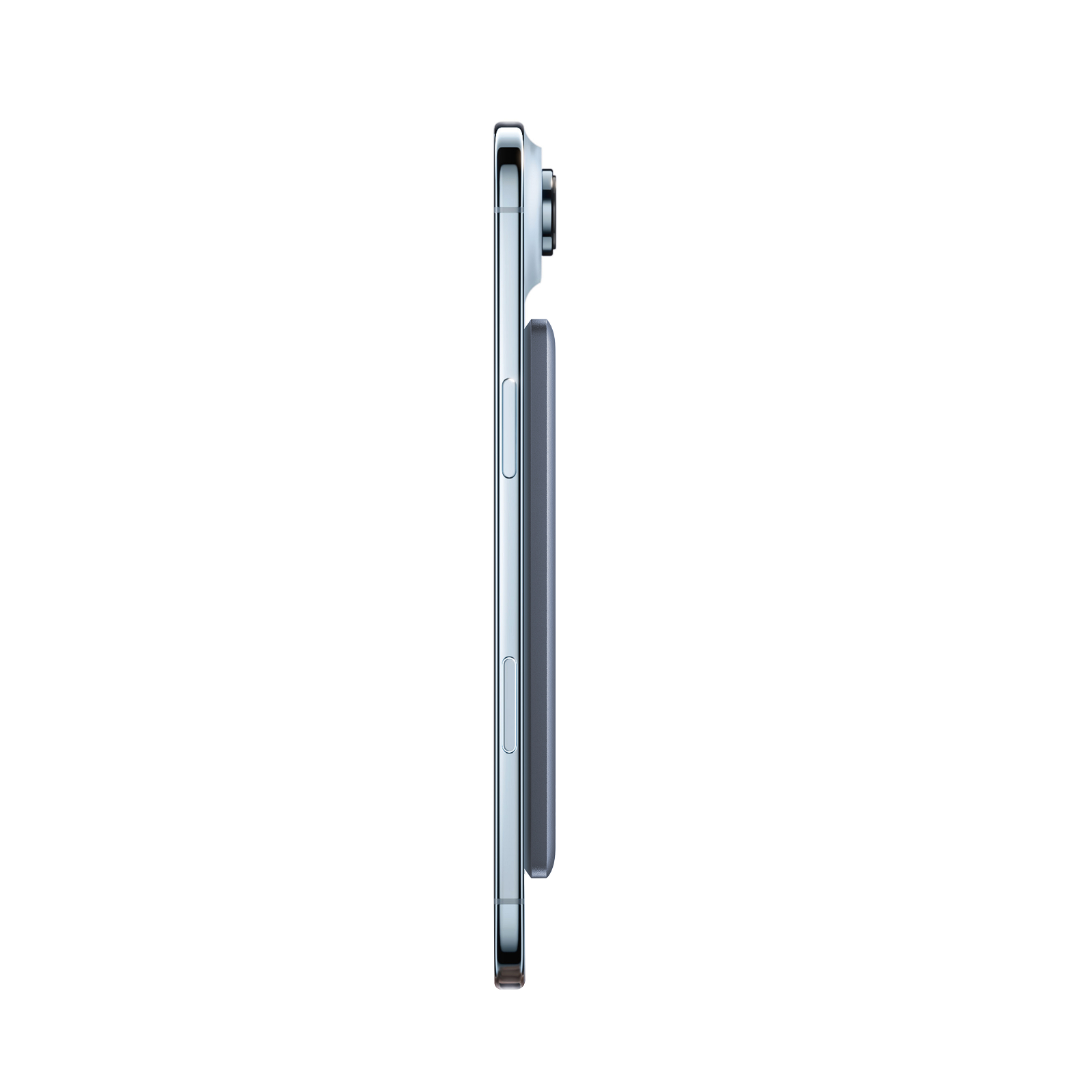 Edge-on view of a TORRAS MiniMag power bank stacked against a phone