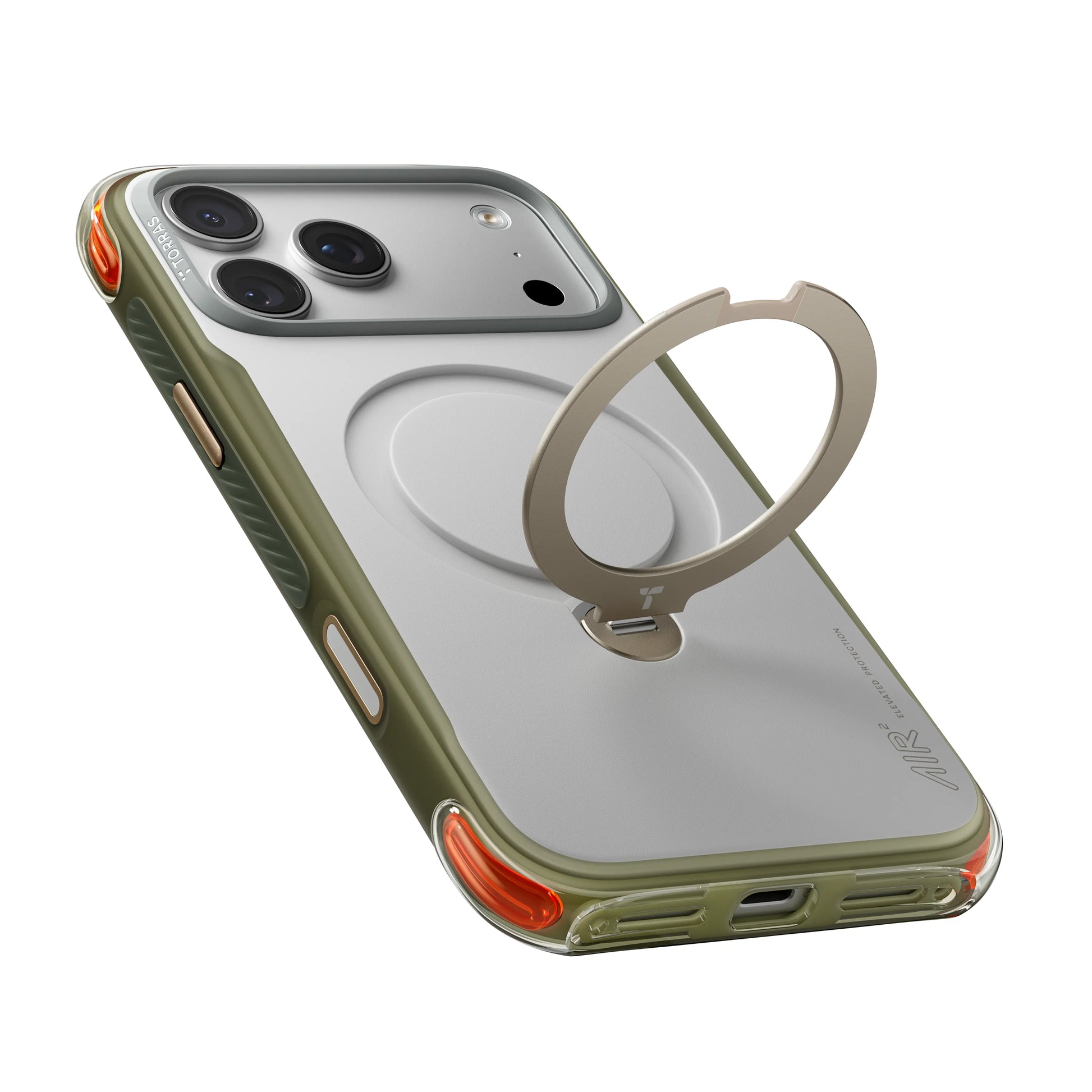 TORRAS Ostand Q3 Air Pro case for iPhone 18 Pro/Pro Max in olive green with a khaki ring stand, back and side view
