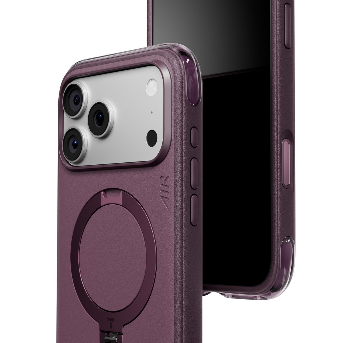 Close-up of the plum TORRAS Ostand Q3 Air case camera bezel and side buttons