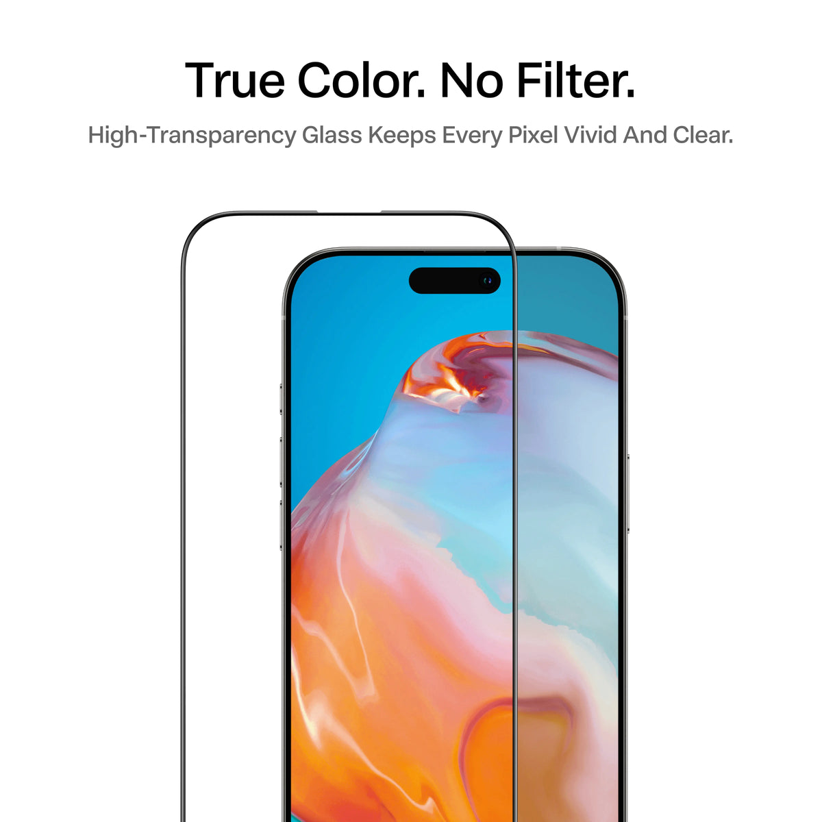 TORRAS HD Shield Screen Protector case for iPhone 18 Pro Max True Color, No Filter graphic showing high-transparency glass