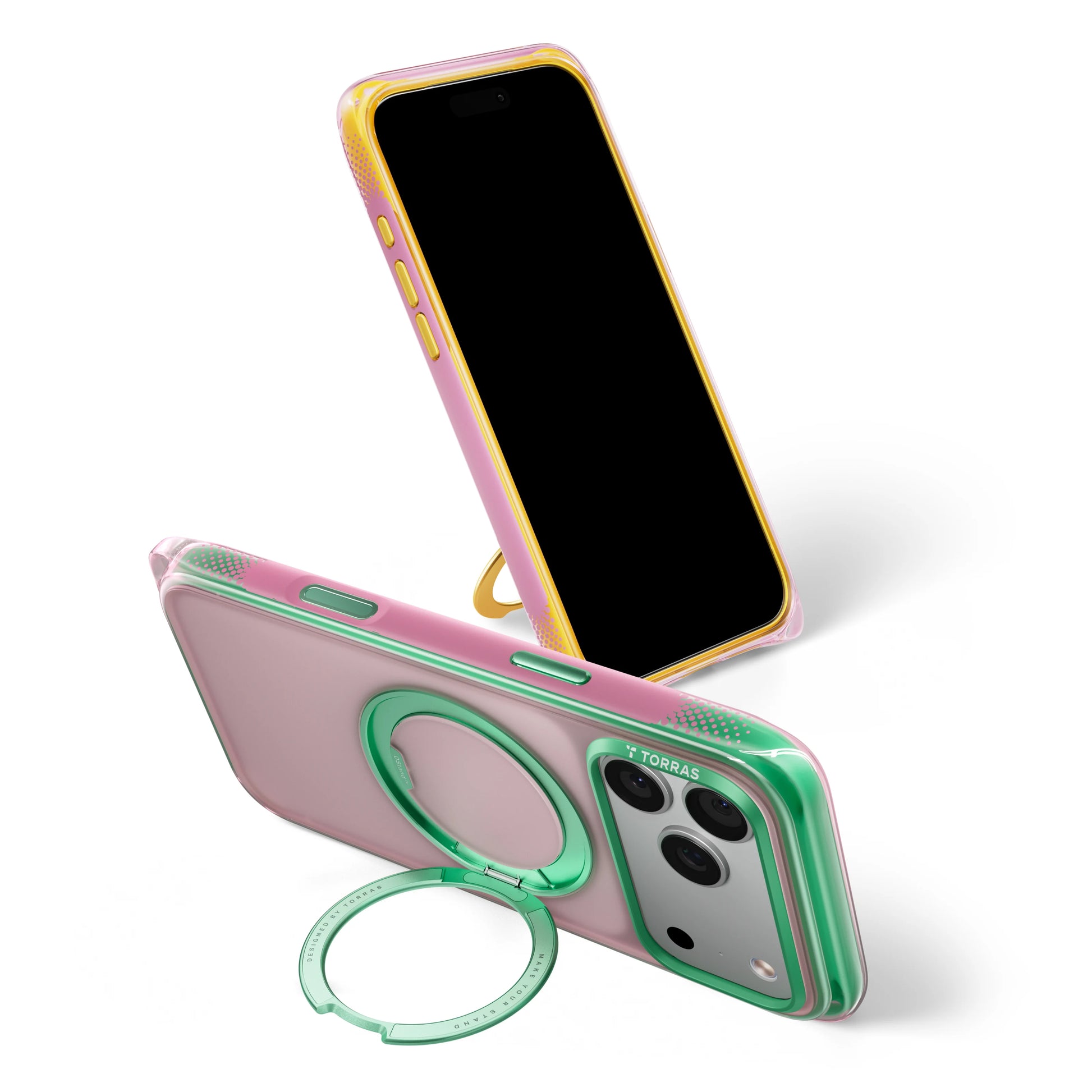 TORRAS Ostand O3 Air Bios case for iPhone 18 Pro/Pro Max in pink with yellow trim and a green ring stand, two-device angle