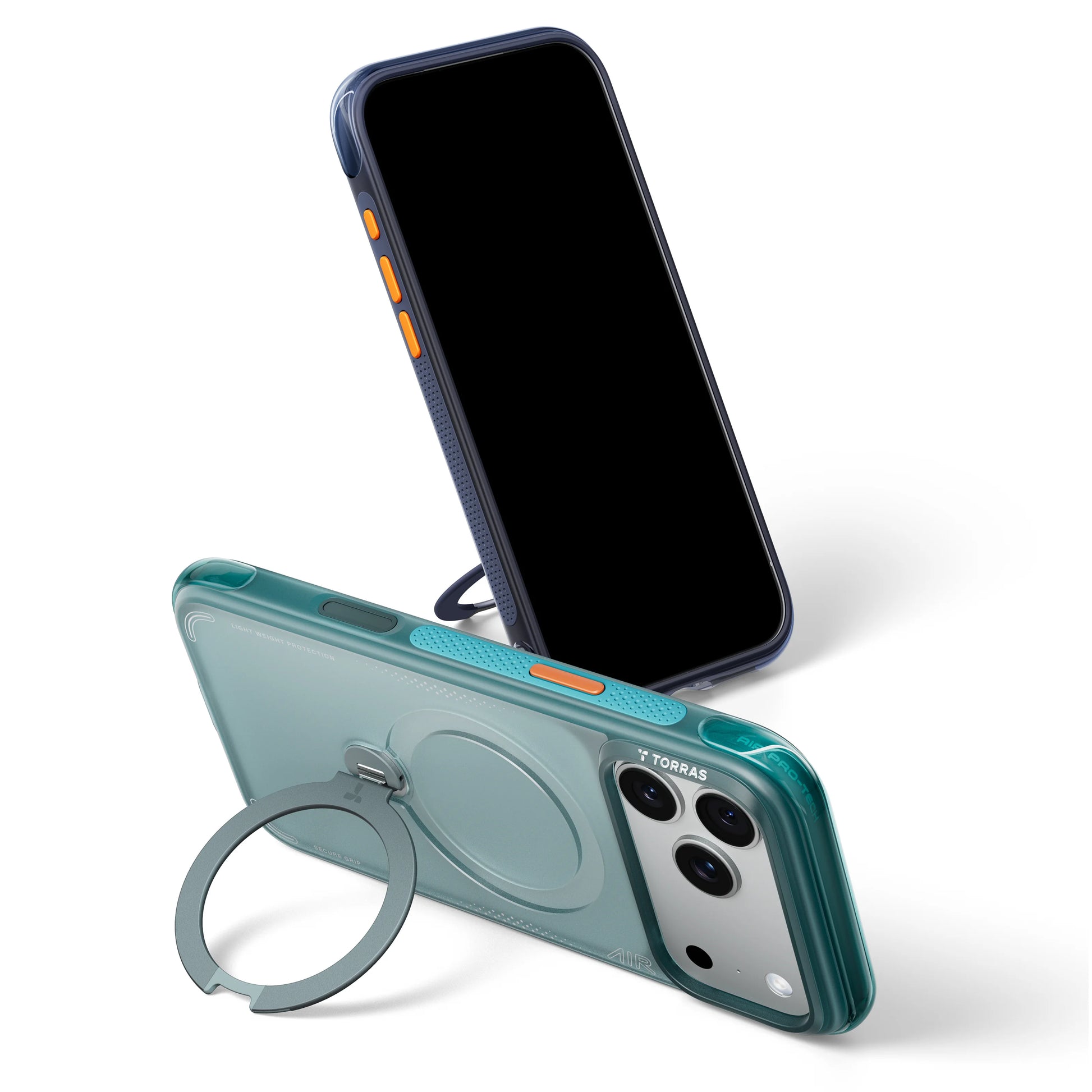 TORRAS Ostand Q3 Air case for iPhone 18 Pro/Pro Max in sage green with a ring stand, back and side view