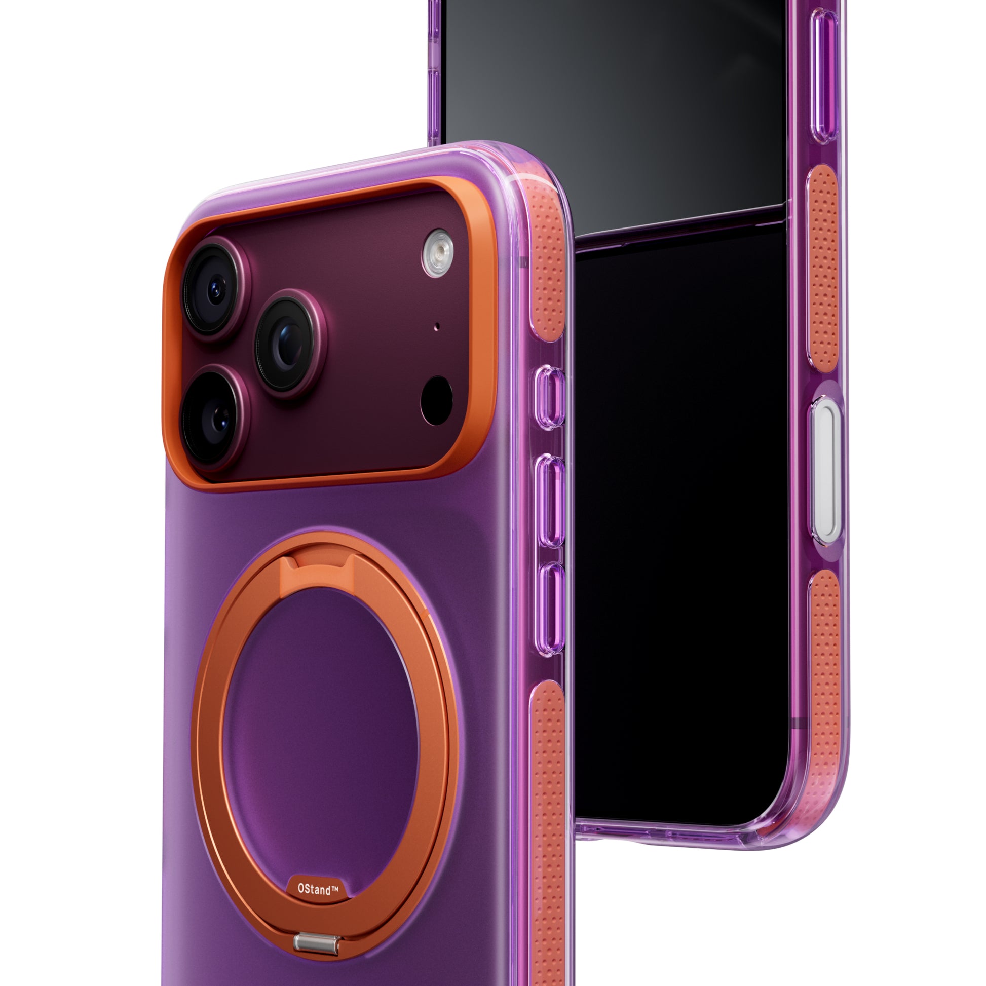 TORRAS Ostand O3 Hue case for iPhone 18 Pro in plum with an orange ring stand, back and side view