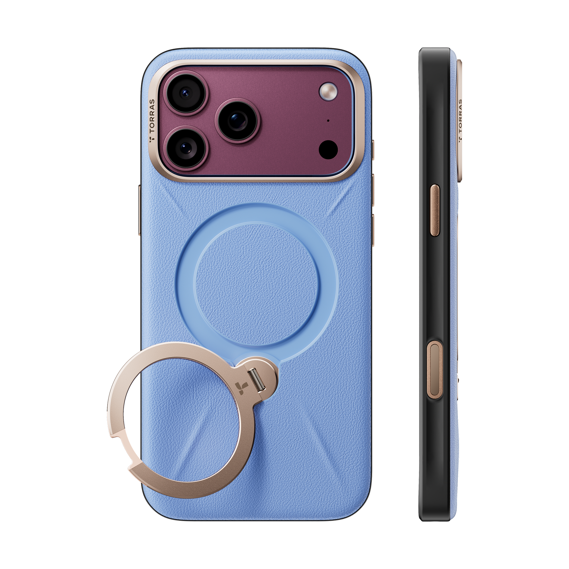 TORRAS Ostand Q3 VegSkin case for iPhone 18 Pro/Pro Max in powder blue with a champagne ring
