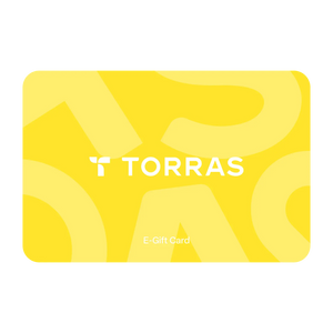 TORRAS brand e-gift card with white logo and text on yellow abstract background
