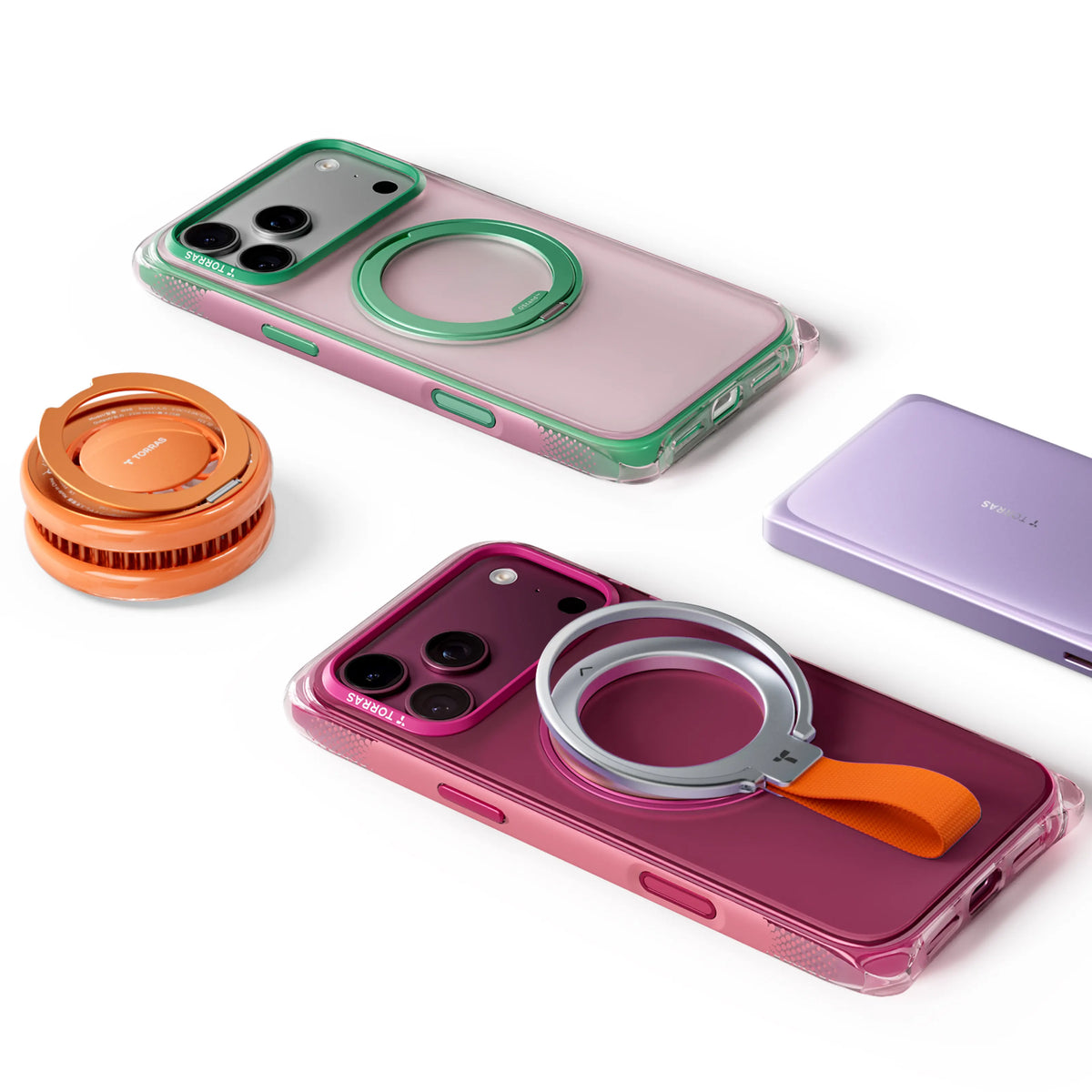 TORRAS Ostand O3 Air Bios case for iPhone 18 Pro Max in pink and yellow with a yellow ring stand, lifestyle scene of a woman in a pink striped shirt