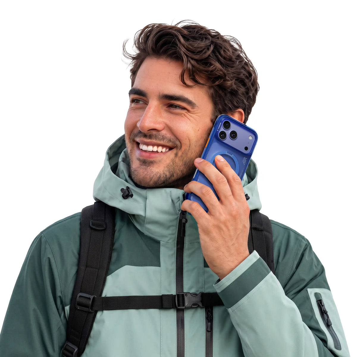 TORRAS Ostand Q3 Air case for iPhone 18 Pro/Pro Max in blue, lifestyle scene of a hiker holding the phone