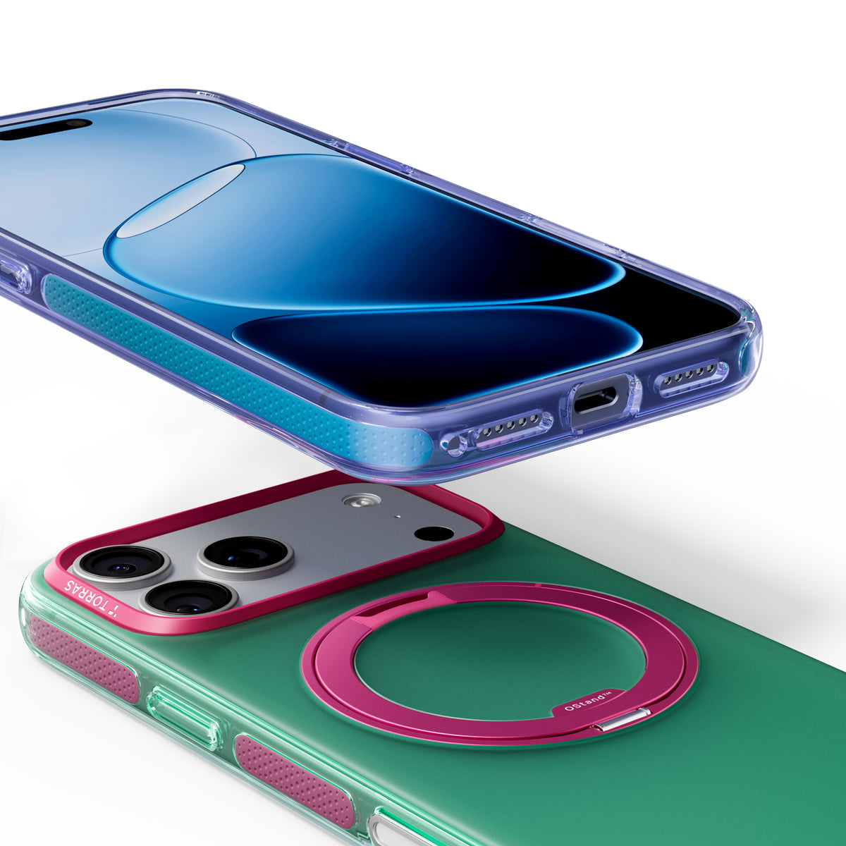 TORRAS Ostand O3 Hue case for iPhone 18 Pro/Pro Max in plum stacked over green and pink, two-color top-down view