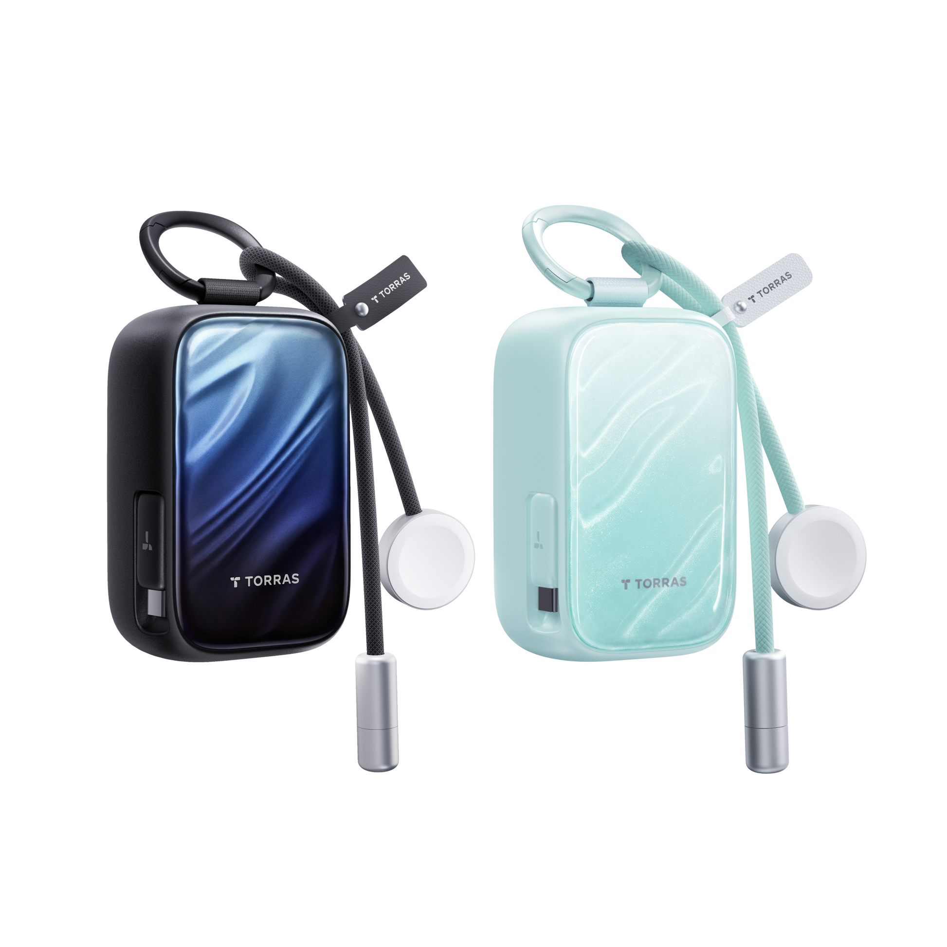 Navy PearlGo 10K power bank with attached cable and lanyard
