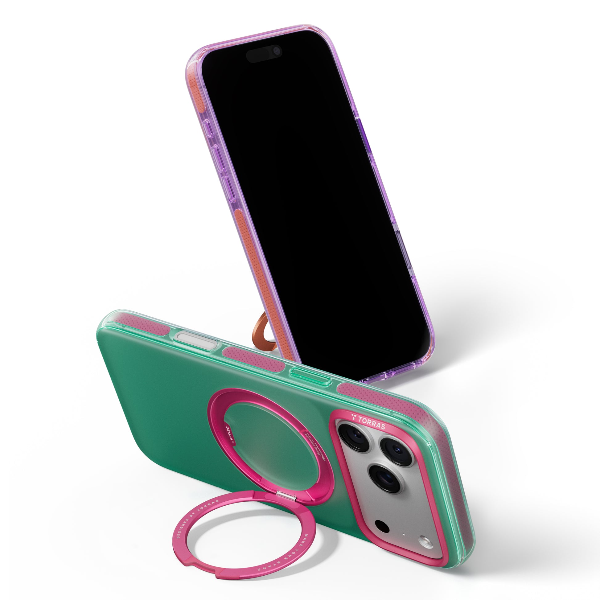 TORRAS Ostand O3 Hue case for iPhone 18 Pro/Pro Max in green and plum, two-device back angle