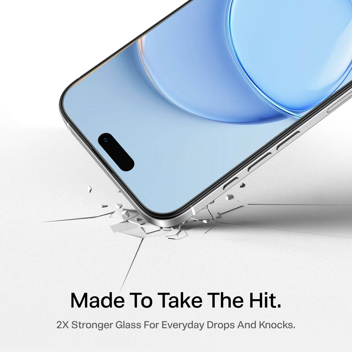 TORRAS HD Shield Screen Protector case for iPhone 18 Pro Max Made To Take The Hit graphic demonstrating 2X stronger glass for drops and knocks
