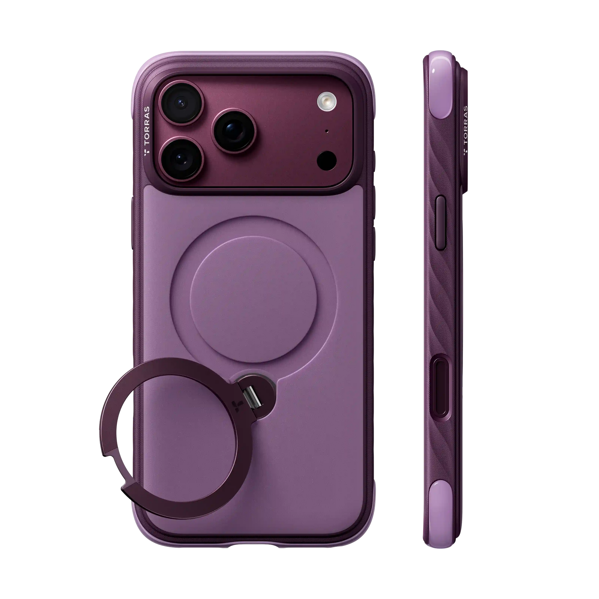 TORRAS Ostand Q3 Rugged case for iPhone 18 Pro/Pro Max next to a thinner case to compare corner thickness