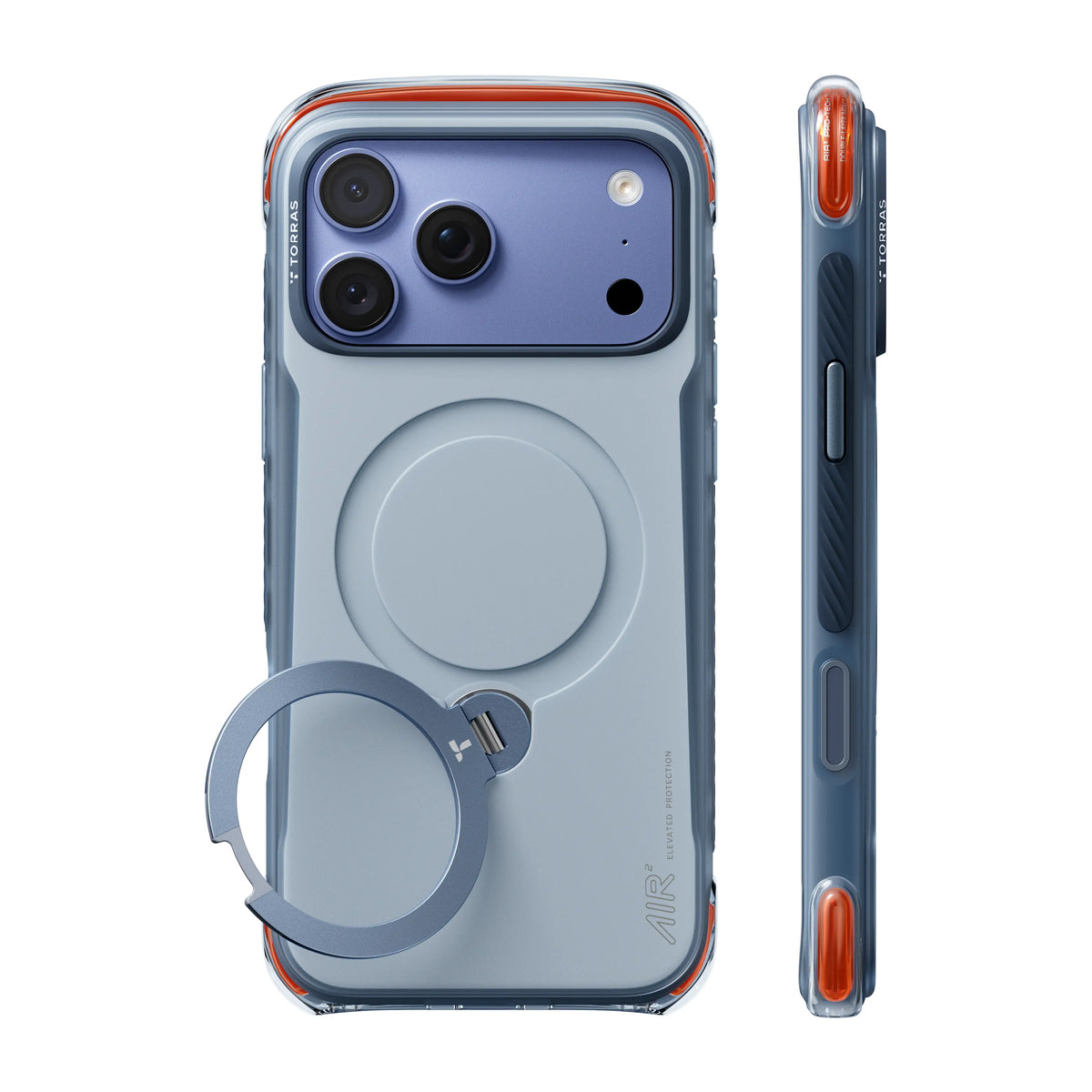 TORRAS Ostand Q3 Air Pro case for iPhone 18 Pro Max in navy with a ring stand, back and side view