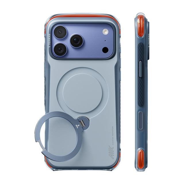 TORRAS Ostand Q3 Air Pro case for iPhone 18 Pro Max in navy with a ring stand, back and side view