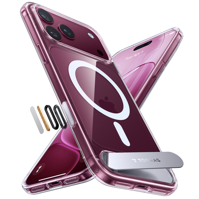 Clear TORRAS case in plum with a silver kickstand