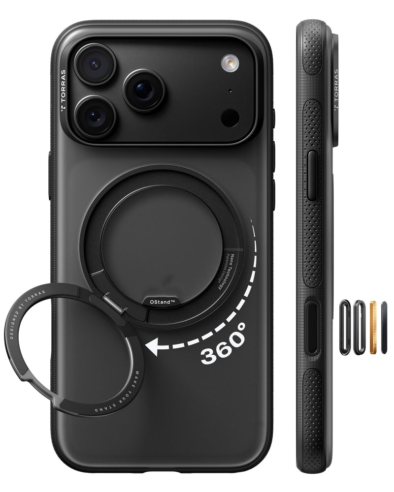 Black TORRAS case with a rotating ring stand, back and side