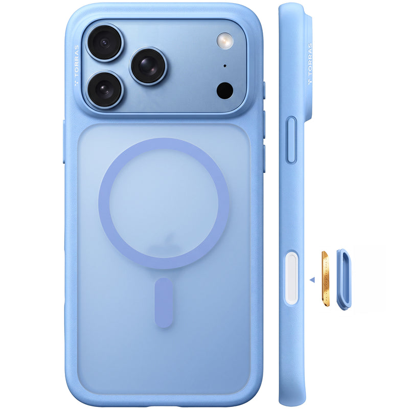 TORRAS case in light blue with a MagSafe ring and metal buttons