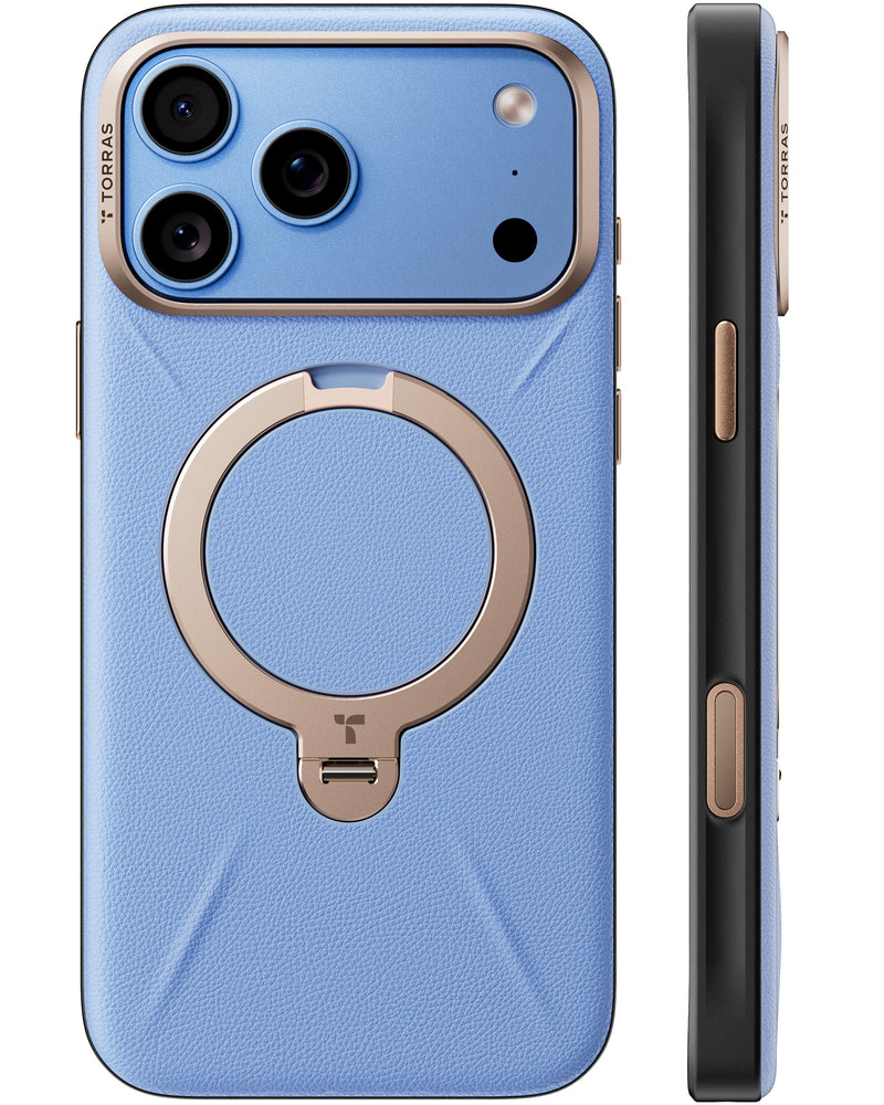 TORRAS VegSkin case in powder blue with a gold ring stand