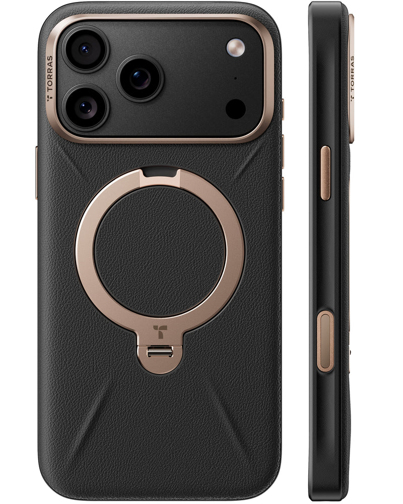 TORRAS VegSkin case in black with a gold ring stand