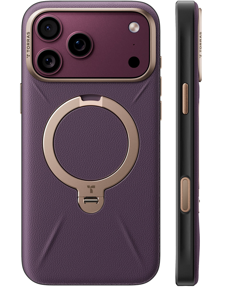 TORRAS VegSkin case in plum with a gold ring stand