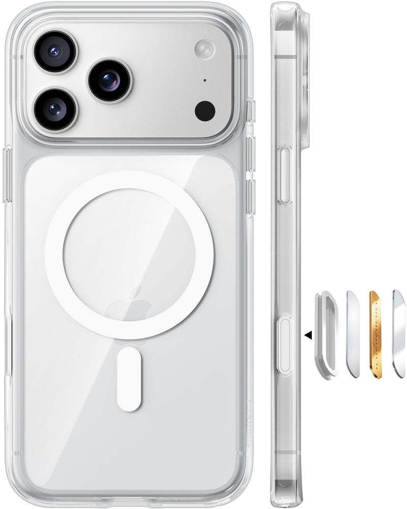 Clear TORRAS Ostand L1 case with a kickstand and metal buttons