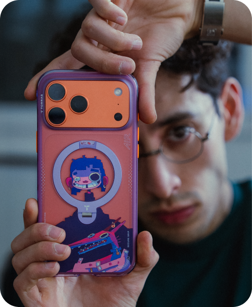 Illustrated TORRAS case held up with a ring stand