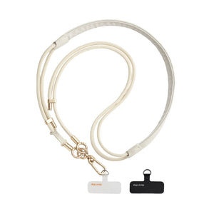 TORRAS LoopGo off-white leather crossbody phone lanyard with gold hardware and "Never Stop" tabs.