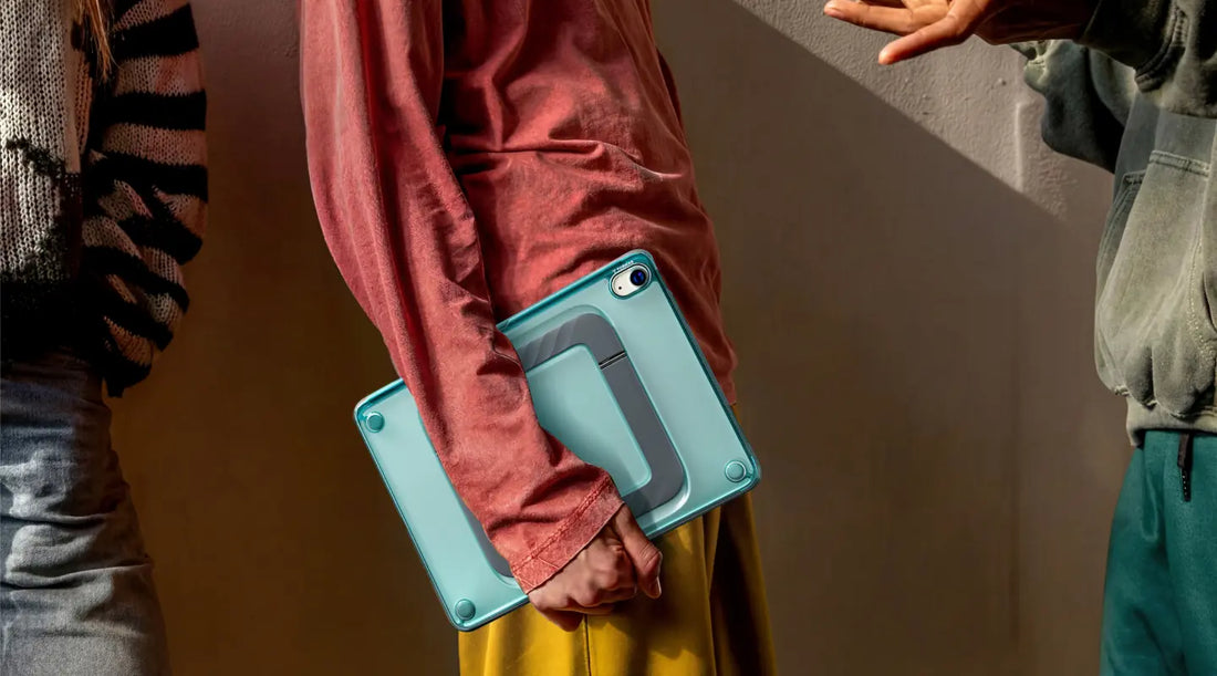 Carrying an iPad in a teal TORRAS case