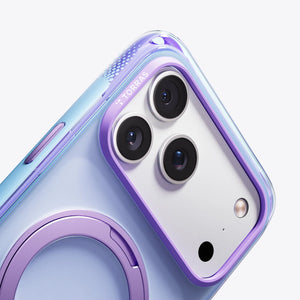 TORRAS Ostand O3 Air Bios case for iPhone 17 Pro with purple accents and ring stand.