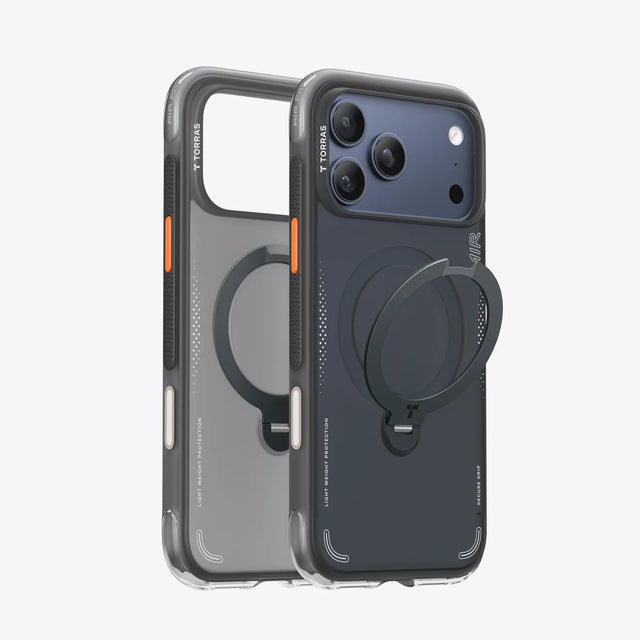 Black and gray Ostand Q3 Air cases with ring stands