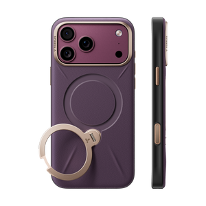 TORRAS Ostand Q3 VegSkin case for iPhone 18 Pro/Pro Max in plum with a champagne ring stand