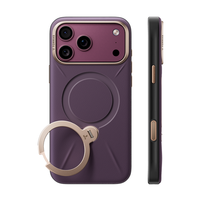 TORRAS Ostand Q3 VegSkin case for iPhone 18 Pro/Pro Max in plum with a champagne ring stand