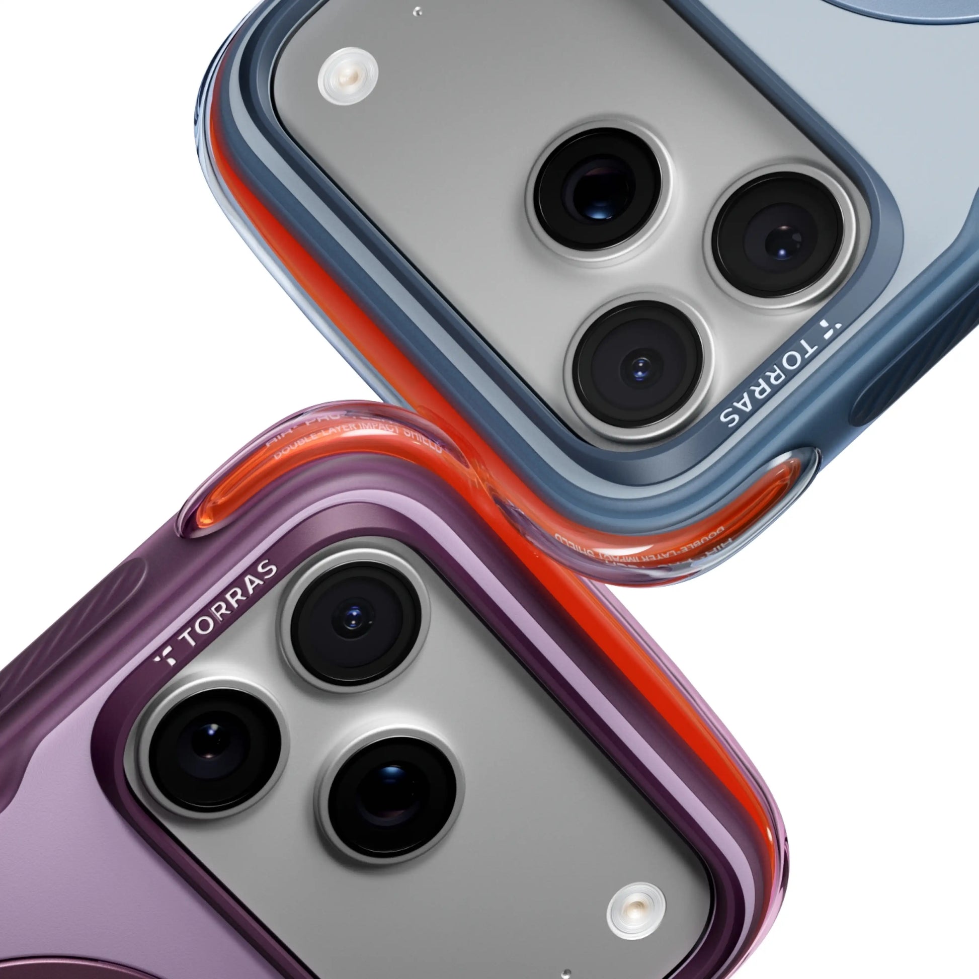 TORRAS Ostand Q3 Air Pro case for iPhone 18 Pro/Pro Max camera close-up of blue and plum cases