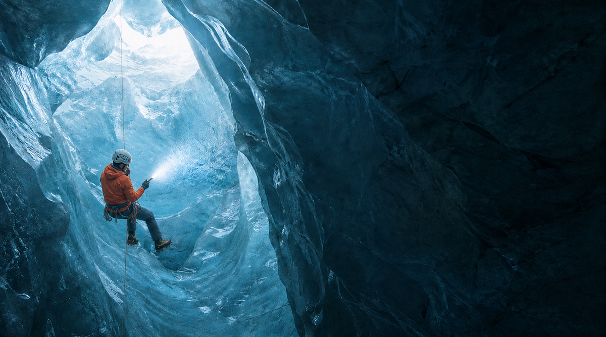 Explorer inside a glacier cave in a TORRAS brand film